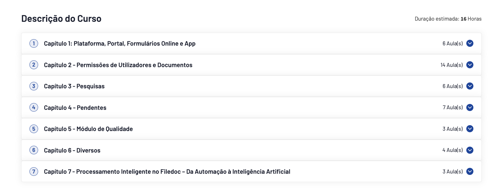 Exemplo de estrutura do curso Utilizadores Avançados na Filedoc Academy, com capítulos e número de aulas