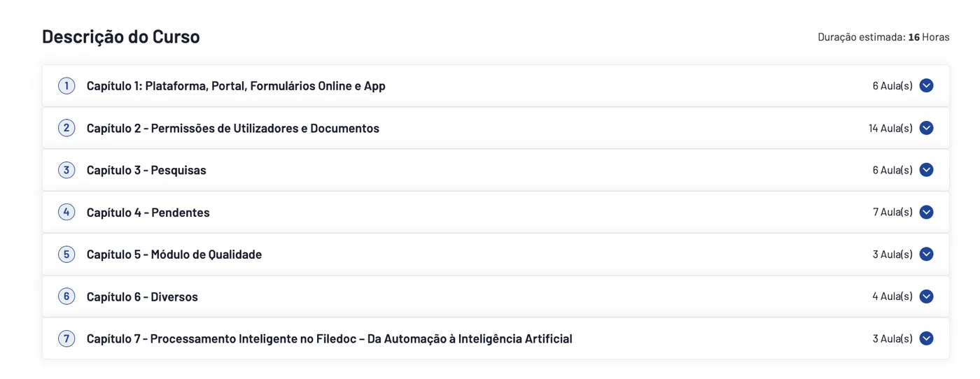 Exemplo de estrutura do curso Utilizadores Avançados na Filedoc Academy, com capítulos e número de aulas