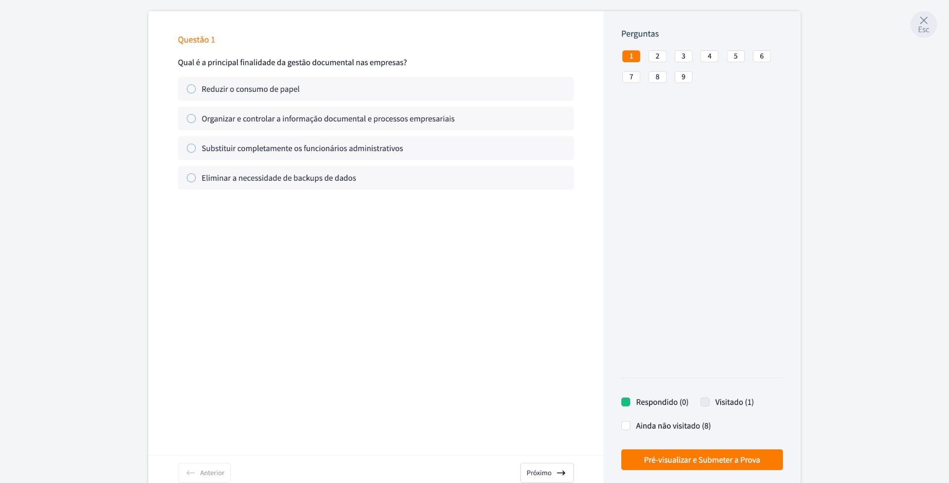 Exemplo de ecrã de avaliação de conhecimentos na Filedoc Academy