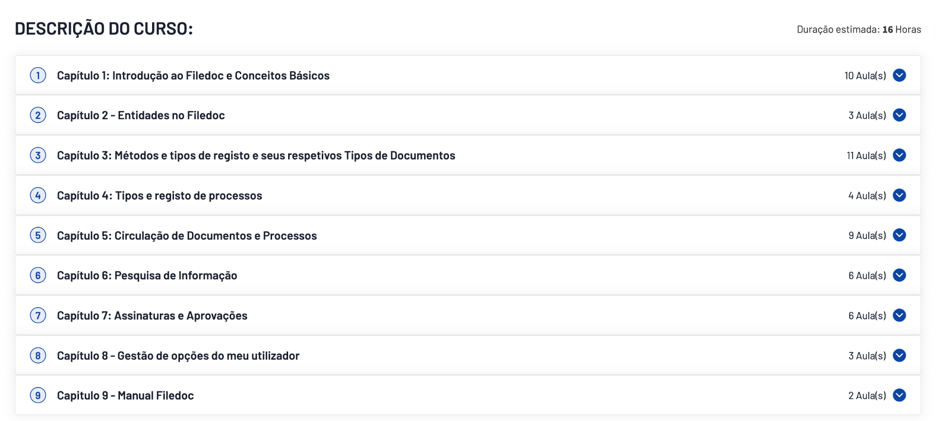 Exemplo de estrutura do curso Novos Colaboradores na Filedoc Academy, com capítulos e número de aulas