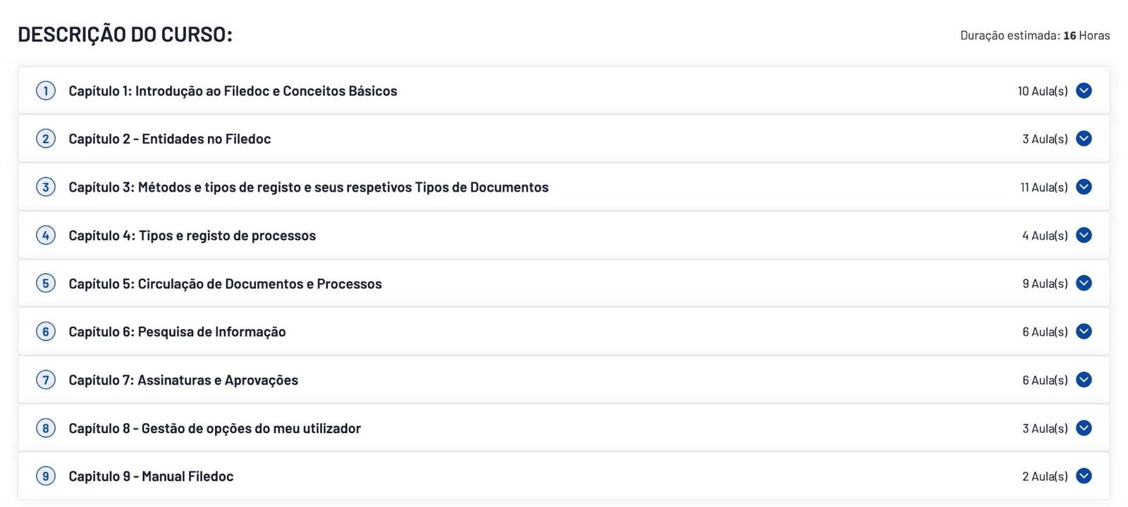Exemplo de estrutura do curso Novos Colaboradores na Filedoc Academy, com capítulos e número de aulas